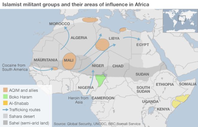 Карта, показывающая исламистские группировки в Африке