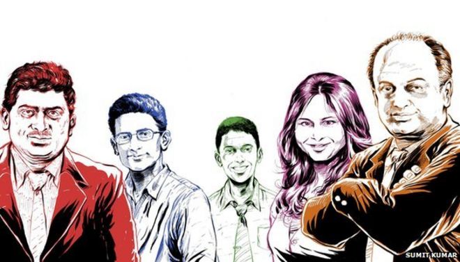 (Слева направо) Нандан Нилекани, Бен Гомес, Рикин Ганди, Ручи Сангви и Санджив Бихчандани - Иллюстраторы: Sumit Kumar & Сумит Кумар