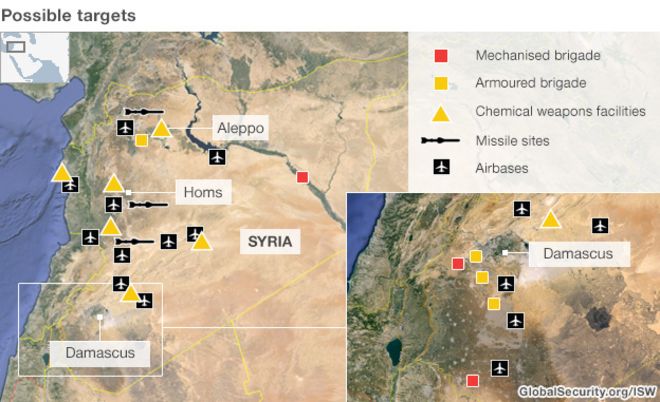 Карта возможных целей Сирии с указанием объектов химического оружия и авиабаз