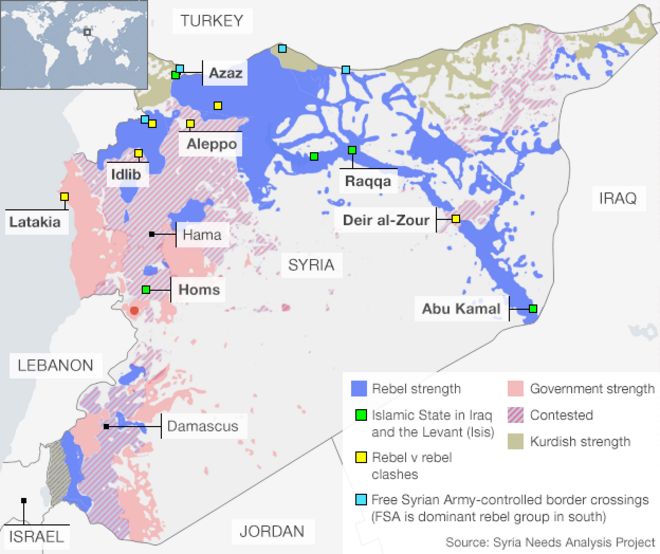Карта, показывающая районы, удерживаемые повстанцами, правительством и оспариваемые