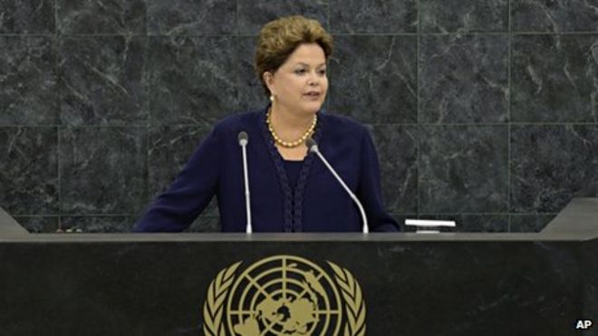 Президент Бразилии Дилма Руссефф выступает на 68-й сессии Генеральной Ассамблеи ООН 24 сентября 2013 г.