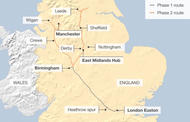 Карта, показывающая маршрут фаз 1 & 2 из предлагаемых HS2 железнодорожных услуг