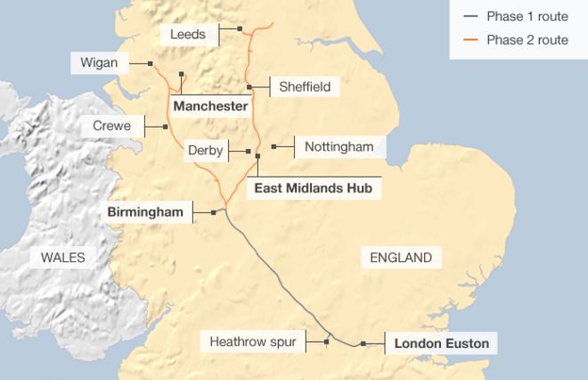 Карта с указанием маршрута фаз 1 и 2 из предлагаемых HS2 железнодорожных услуг