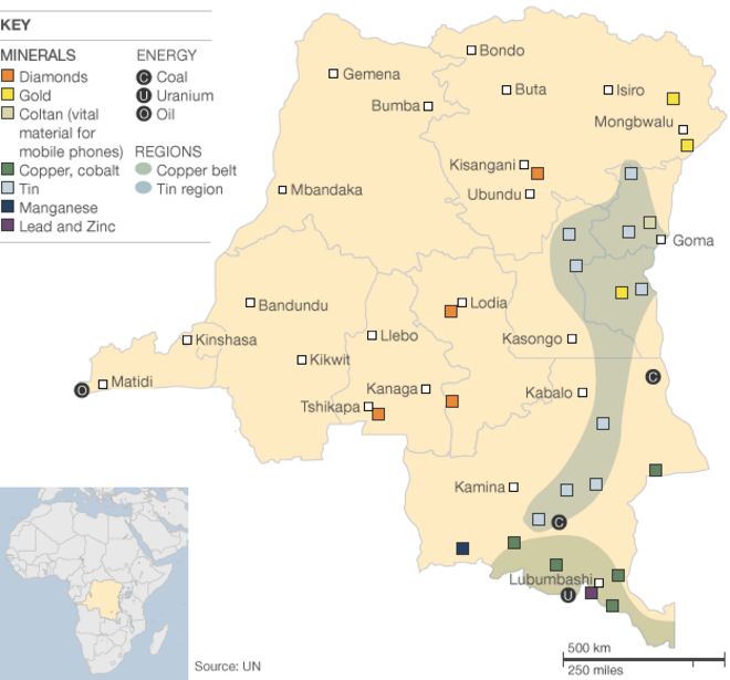 Карта, показывающая минеральные богатства Конго