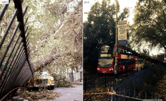 Поваленные деревья на улицах Лондона, 1987 и 2013 годы