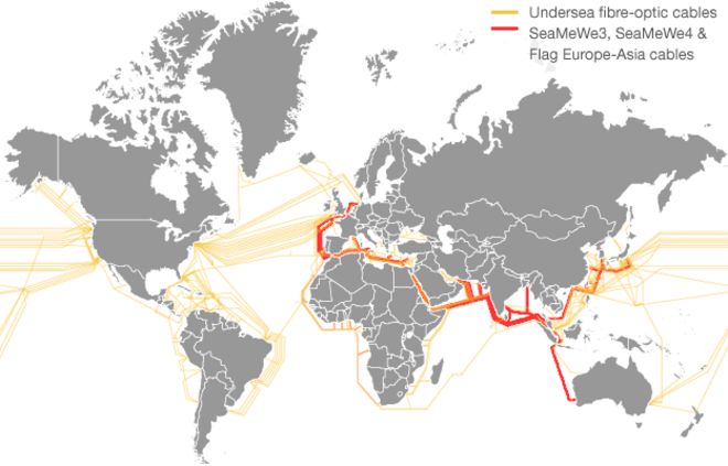 Графическое изображение всей международной сети подводных волоконно-оптических кабелей