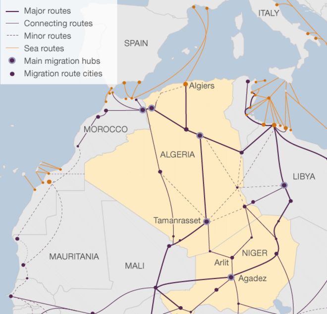 Карта, показывающая маршруты, по которым мигранты проходят через пустыню Сахара по пути в Европу