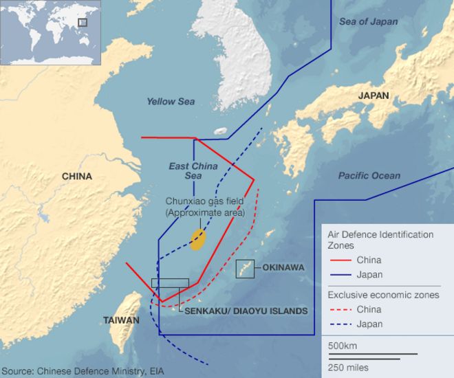 Карта восточно-китайского моря и объявленной зоны ПВО