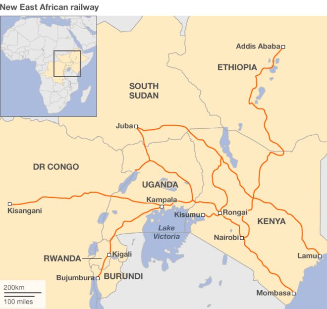 Карта, показывающая маршрут новой восточноафриканской железной дороги