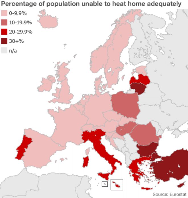 Процент населения в европейских странах, неспособных адекватно отапливать дом