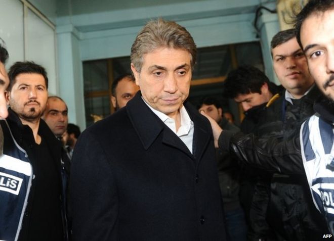 Полиция сопровождает Мустафу Демира, мэра стамбульского района Фатих, после его ареста, 18 декабря