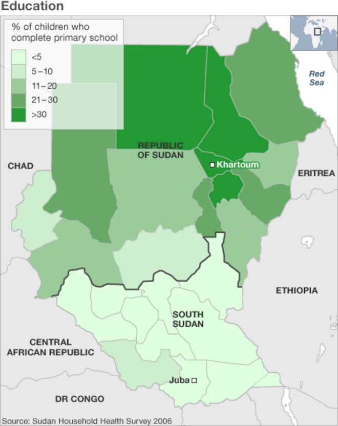 Карта с указанием уровня образования в Южном Судане