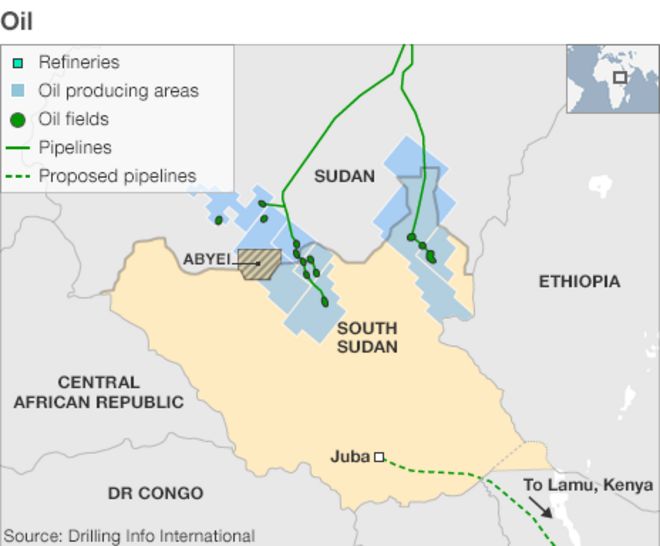 Карта, показывающая расположение нефтяных месторождений в Южном Судане