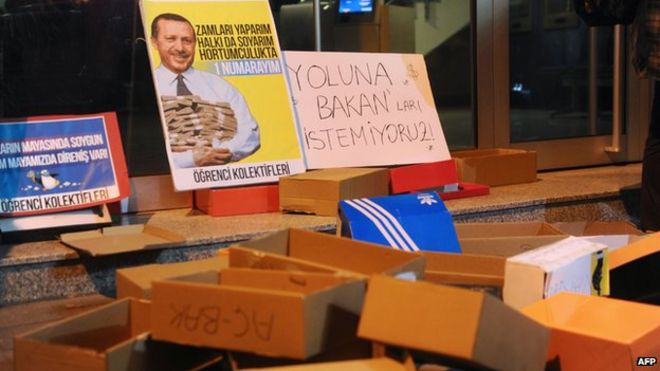 Шкатулки для обуви, брошенные протестующими, остаются у входа в отделение банка Халкбанк в Стамбуле во время демонстрации против коррупции (19 декабря 2013 года)