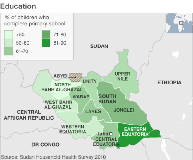 Карта с указанием уровня образования в Южном Судане