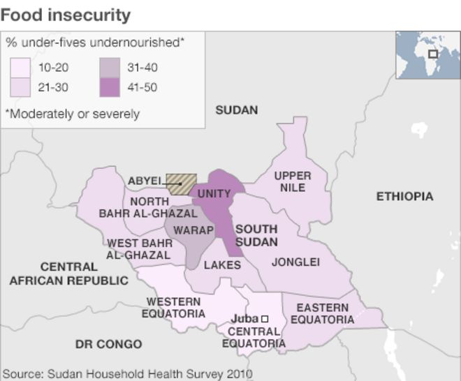 Карта, показывающая уровень отсутствия продовольственной безопасности в Южном Судане