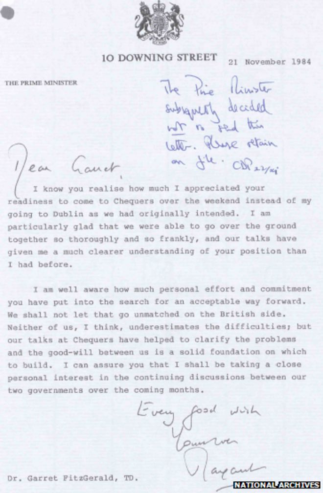 Письмо, написанное Маргарет Тэтчер ирландскому лидеру Гаррету Фитцджеральдом, которое так и не было отправлено