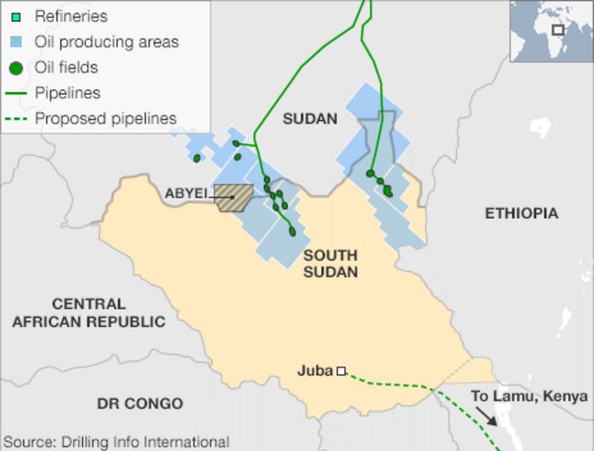 Карта, показывающая местонахождение нефти Южного Судана