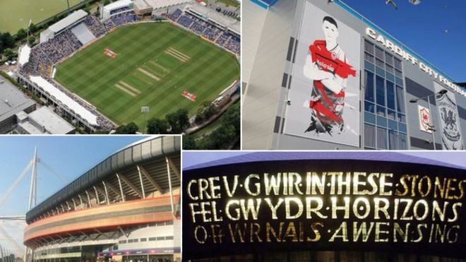 По часовой стрелке сверху слева: стадион Swalec; Городской стадион Кардиффа; Уэльский центр тысячелетия; Стадион Миллениум