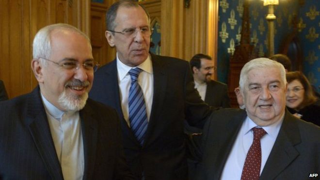 Министр иностранных дел Ирана Джавад Зариф с российским Сергеем Лавровым и сирийским Валидом аль-Моаллемом в Москве 16 января 2014 года