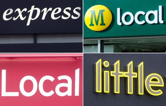 Слева вверху: Tesco Express, Morrisons Local, Little Waitrose, Sainsbury's Local. Фотографии: Tesco, Sainsbury's, Morrisons, Waitrose