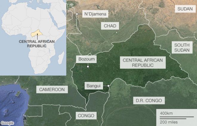 Карта с указанием расположения Центральноафриканской Республики и стран, которые ее граничат