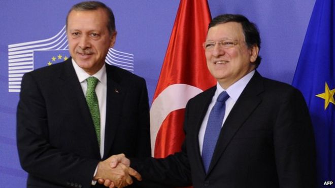 Премьер-министр Турции Реджеп Тайип Эрдоган (слева) с председателем Комиссии ЕС Жозе Мануэлем Баррозу в Брюсселе, 21 января 14