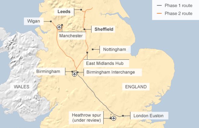 Карта с указанием маршрута фаз 1 и 2 предлагаемого железнодорожного сообщения HS2