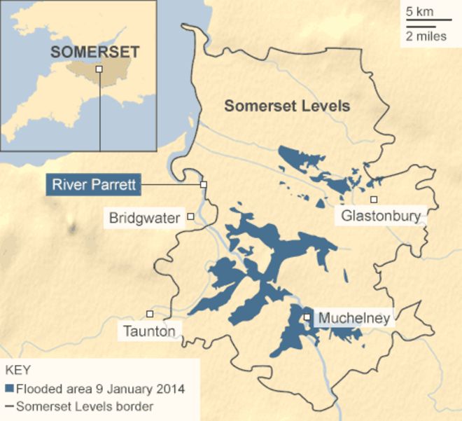 Карта с указанием расположения Сомерсетских уровней и недавно затопленных районов