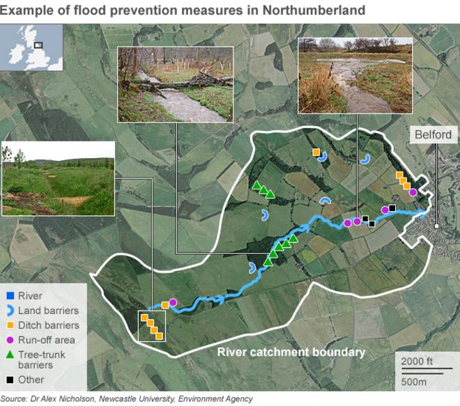 Карта, показывающая меры по предотвращению естественных наводнений в районе Белфорда в Нортумберленде