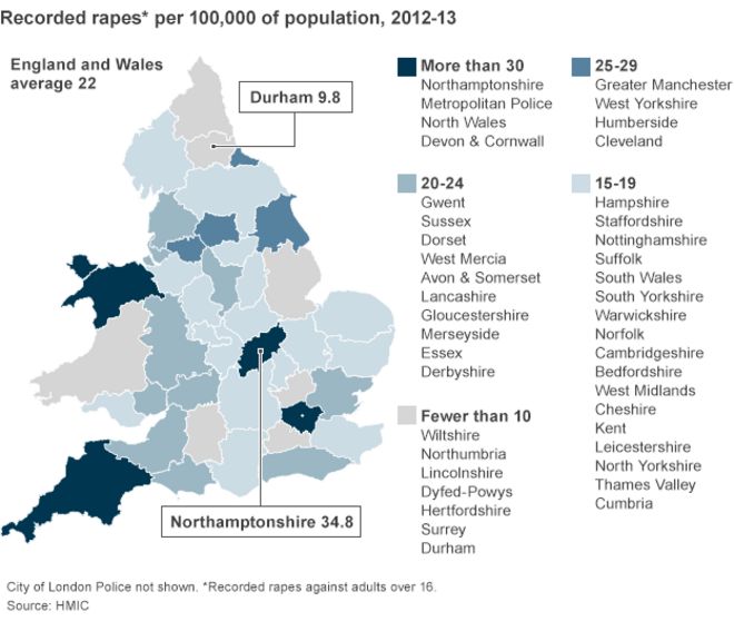 Карта, показывающая количество зарегистрированных изнасилований на 100 000 взрослых по районам полиции
