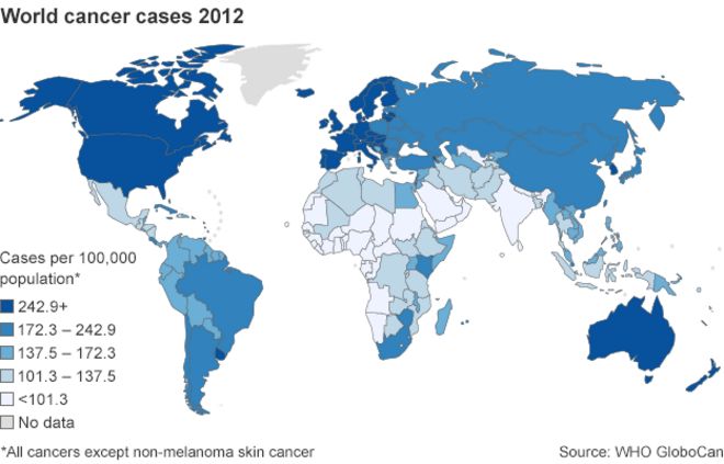 Карта, показывающая заболеваемость раком во всем мире