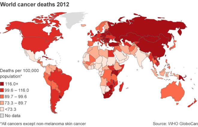 Карта, показывающая смертность от рака по всему миру
