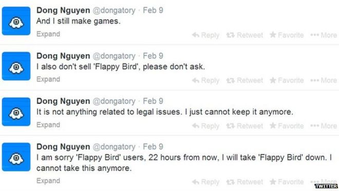 Снимок экрана создателя Flappy Bird в Твиттере Донга Нгуена