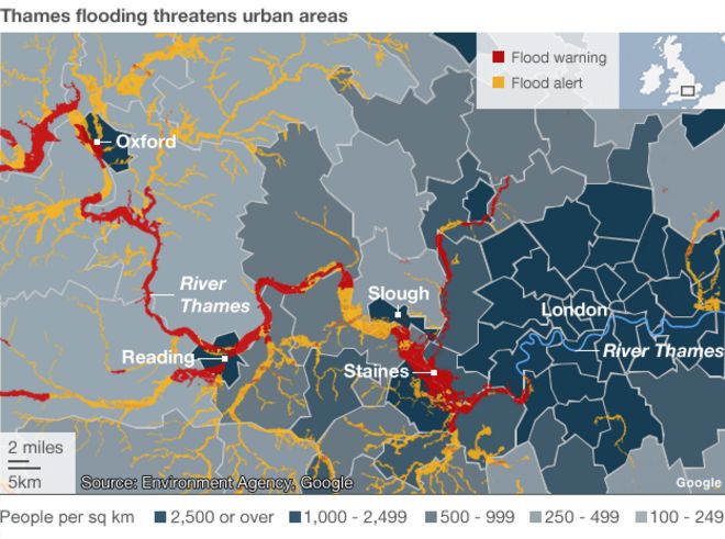 Карта, показывающая предупреждения и оповещения о наводнениях вдоль реки Темзы