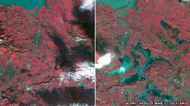 Изображение космического агентства Великобритании, состоящее из двух спутниковых снимков, показывающих наводнения в Сомерсете