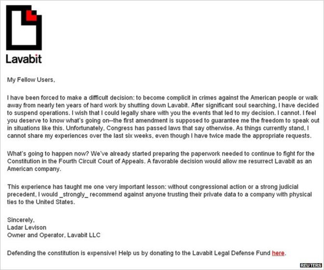 Письмо Лависона пользователям Lavabit