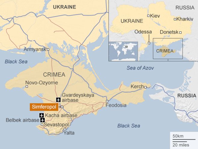 Карта Крыма с указанием ключевых мест и авиабаз
