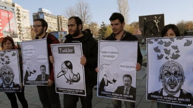 Члены Союза молодежи Турции держат карикатуры с изображением премьер-министра Реджепа Тайипа Эрдогана во время акции протеста против запрета в Твиттере в Анкаре (21 марта 2014 года)