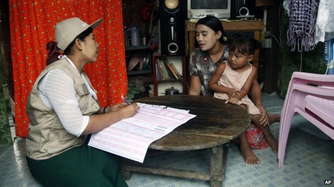 Счетчик переписи Мьянмы задает вопросы домохозяйке, собирая информацию в поселке Дала 30 марта 2014 года в Янгоне, Мьянма