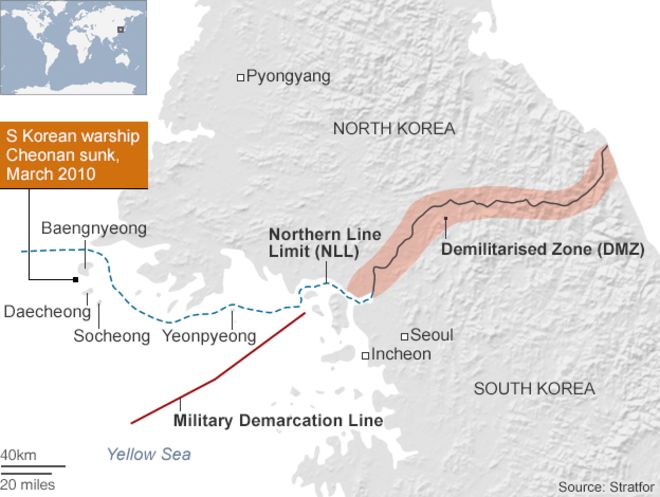 Карта, показывающая Yeonpyeong и спорную границу между Северной и Южной Кореи