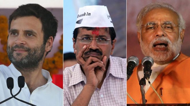 Слева направо Рахул Ганди, Арвинд Кейривал и Нарендра Моди являются ключевыми кандидатами на пост премьер-министра