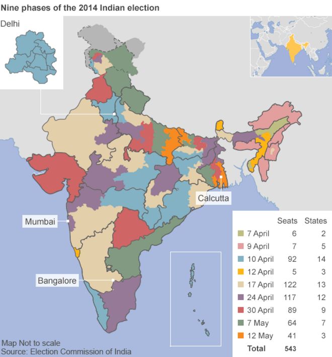 Карта предвыборных этапов Индии 7 апреля-12 мая
