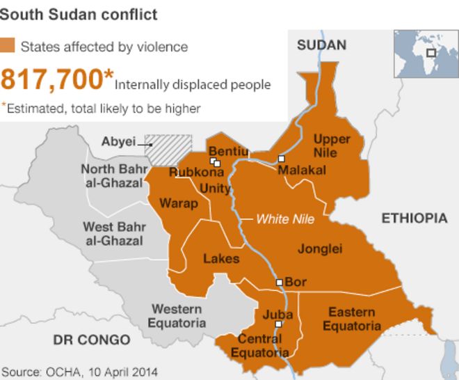 Карта штатов Южного Судана, затронутых конфликтом