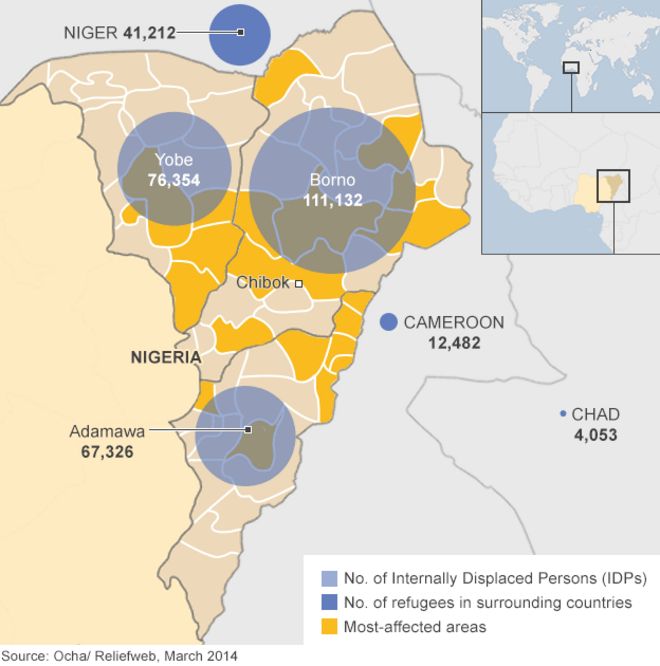 Карта, показывающая людей, покинувших свои дома в штатах Адамава, Борно и Йобе, Нигерия
