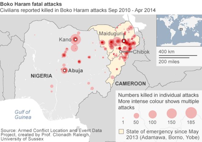 Карта, показывающая число погибших мирных жителей в результате нападений на Боко Харам в штатах Адамава, Борно и Йобе, которые в течение года находились в чрезвычайном положении, и в других частях Нигерии с сентября 2010 года по апрель 2014 года