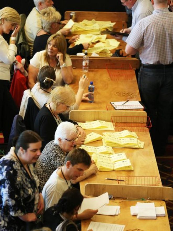 Подсчет голосов идет полным ходом в одном из крупнейших подсчетных центров, Белфастской ратуше