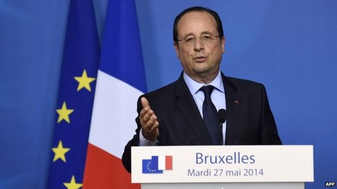 Президент Франции Франсуа Олланд дает пресс-конференцию после саммита лидеров ЕС в Брюсселе -27 мая 2014 года