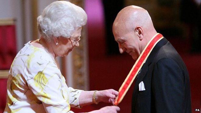 The Queen presents actor Patrick Stewart with his knighthood at Buckingham Palace in 2010