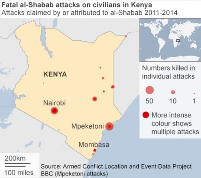 карта, показывающая атаки аль-Шабаб в Кении